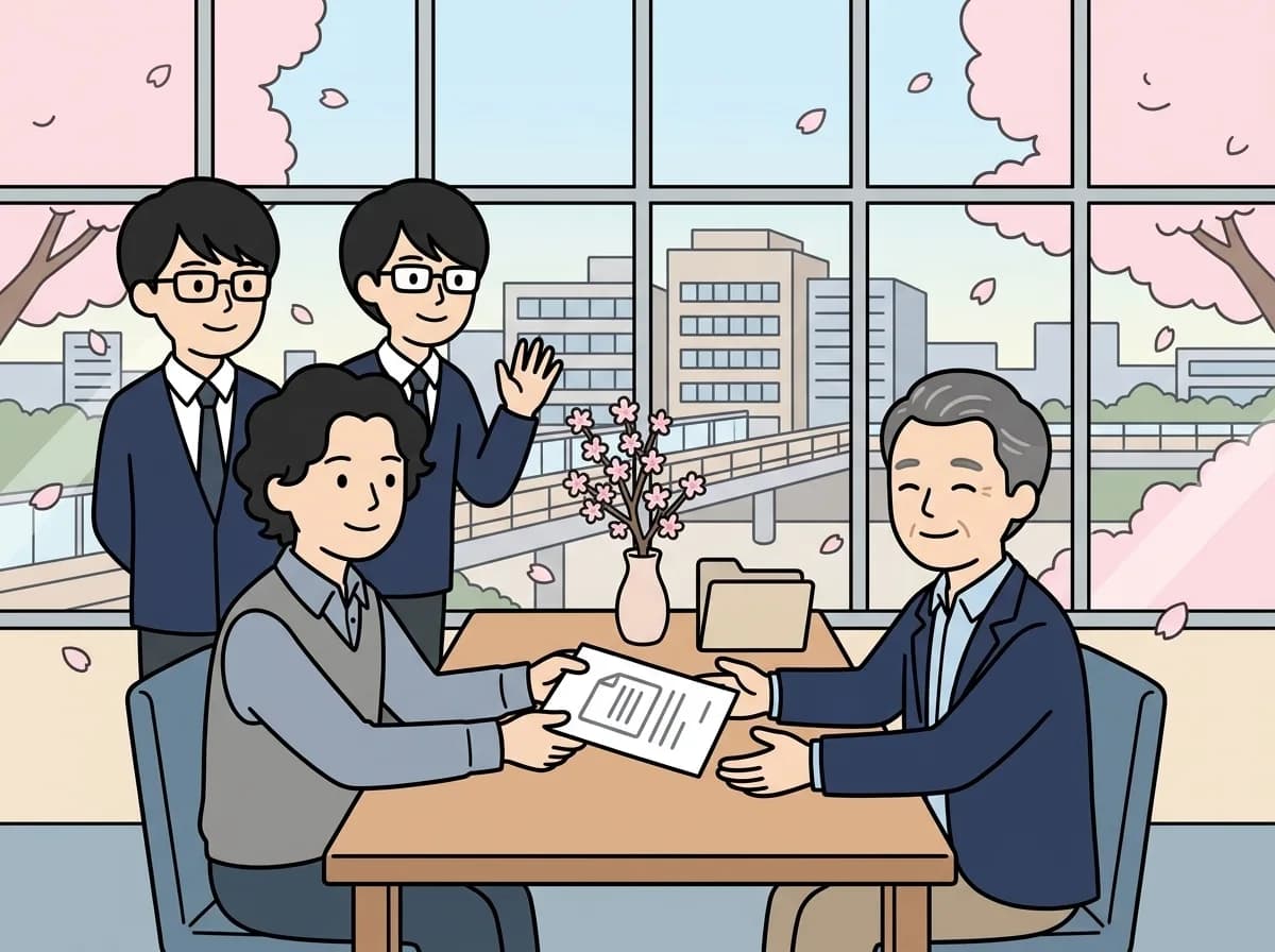 ドキュメントの書類をお客様に手渡し、お客様が安心した表情で受け取っている様子を表すイラスト