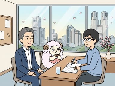 お客様と向かい合い、困っていることを聞き取っている様子のイラスト
