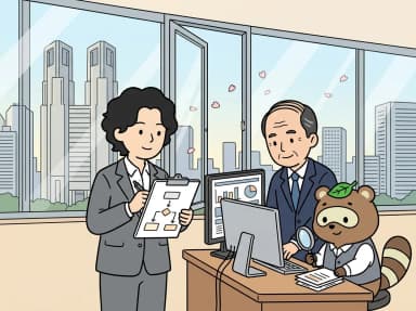 現場の担当者の隣で、作業の手順を見ながら業務の流れを書き起こしている様子のイラスト