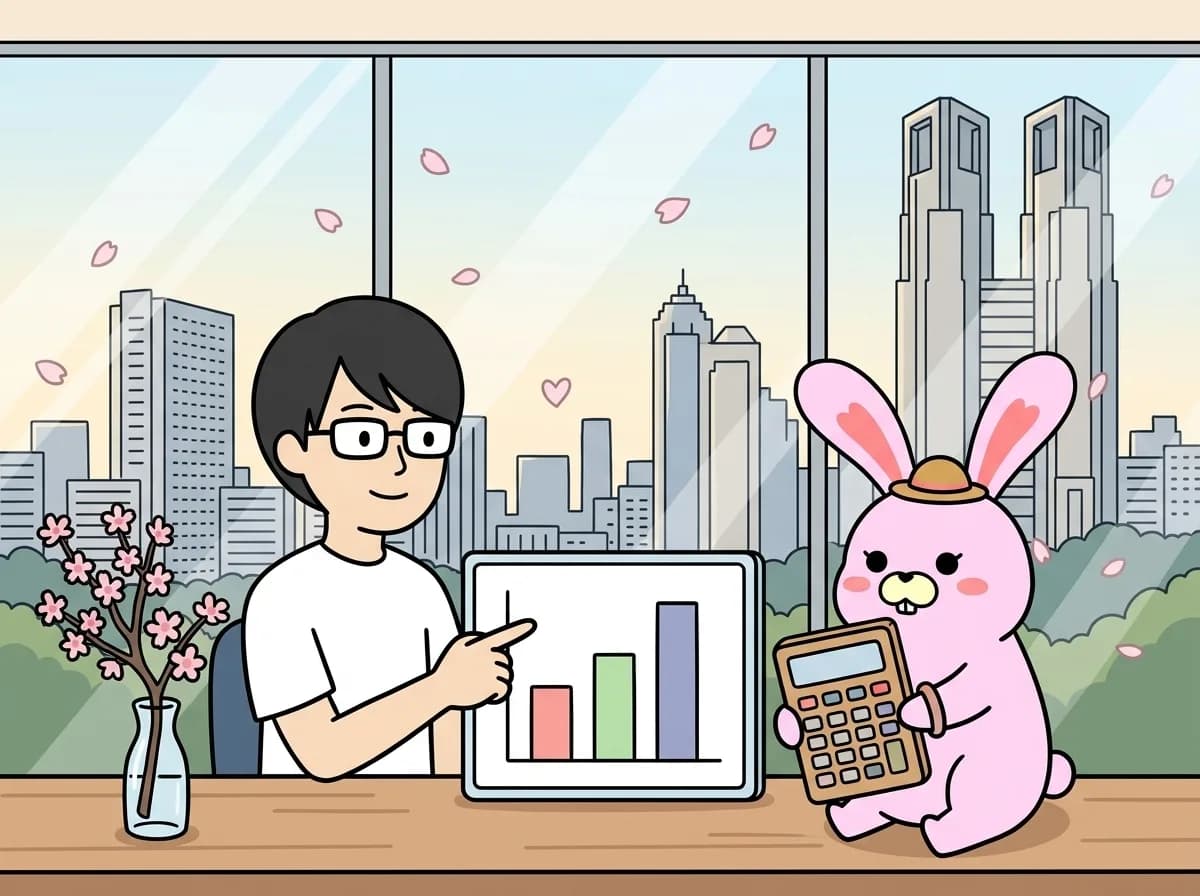 棒グラフの図を指しながら、効果の見積もりを説明している様子のイラスト