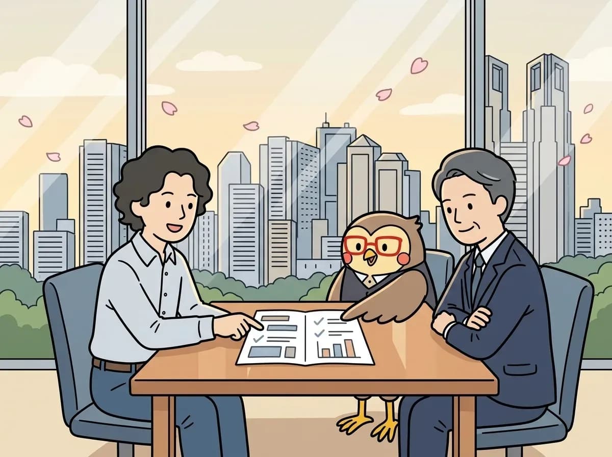 診断レポートを広げて、進むか止めるかの判断材料を説明している様子のイラスト
