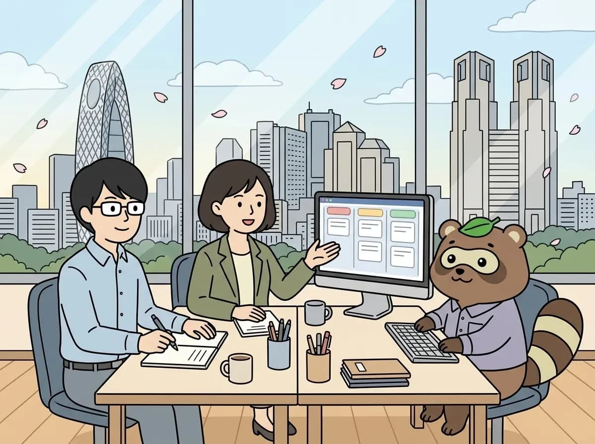 お客様のチームと同じ机で、1台のモニターを囲んで開発を進めている様子のイラスト