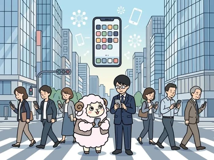 モバイル開発の様子を表すイラスト:iOS・Android対応のネイティブ・クロスプラットフォームアプリ開発