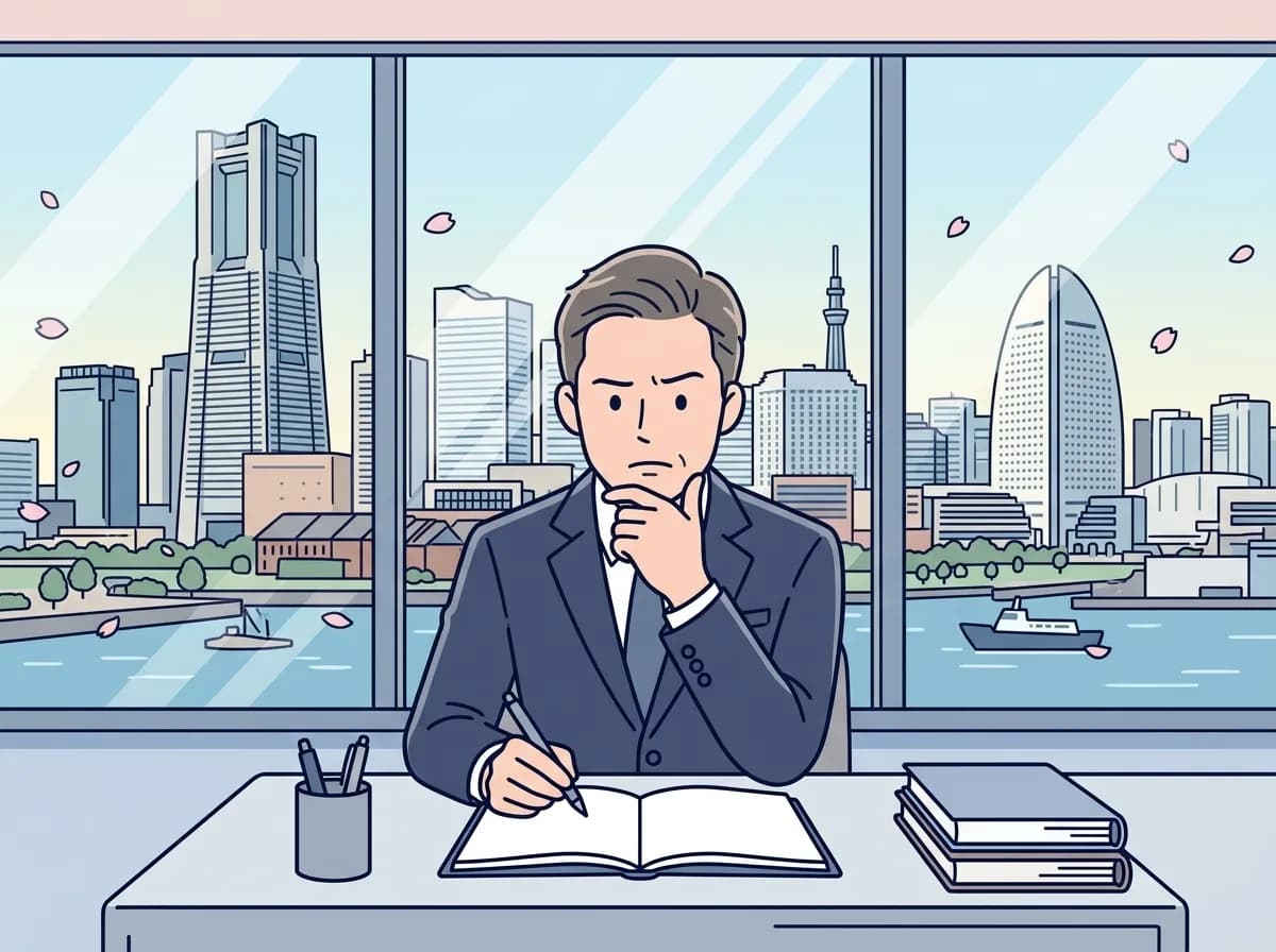 白紙のノートを前にペンを持ったまま困惑した表情で固まっている人物のイラスト