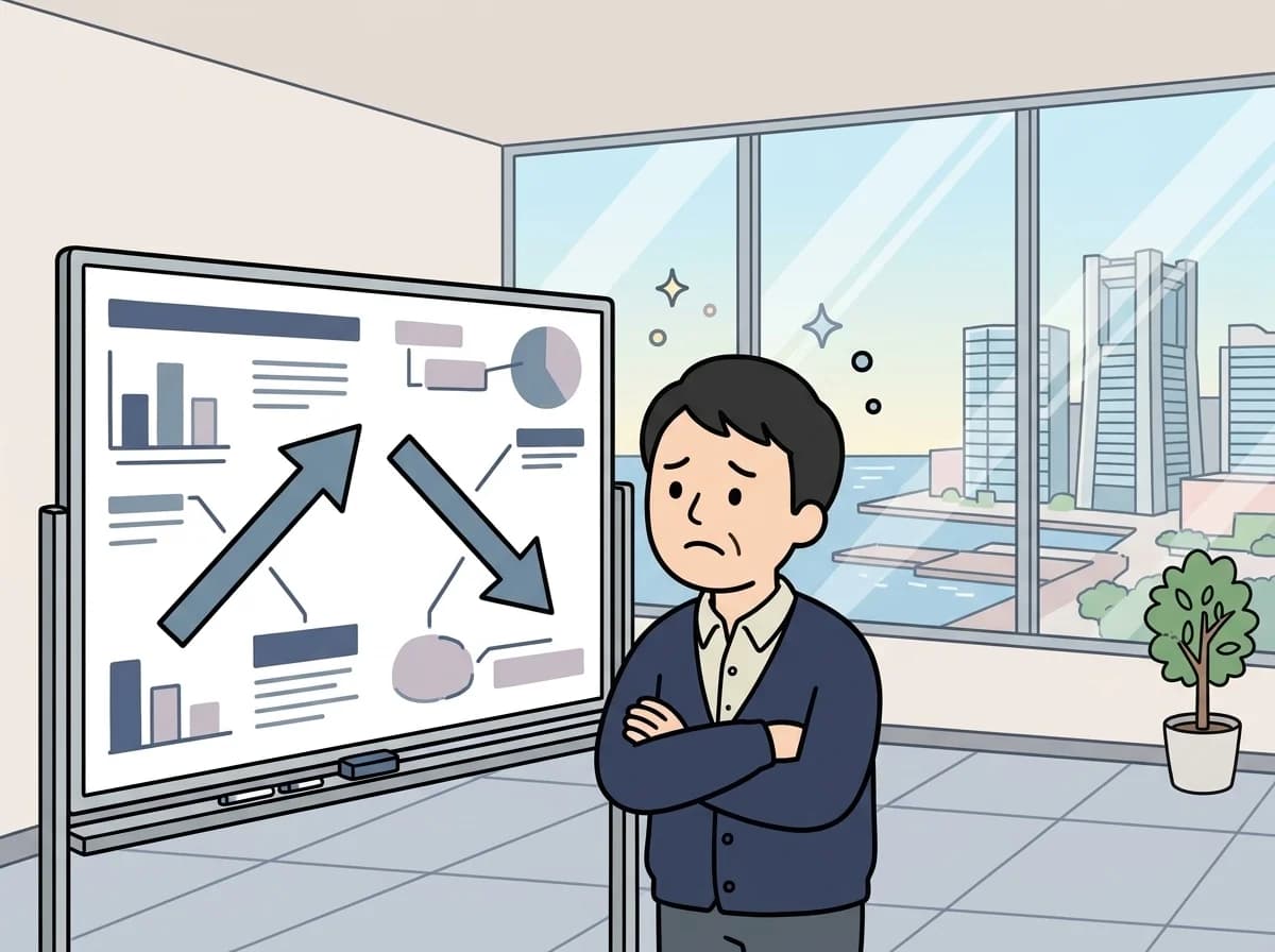 右肩上がりと右肩下がりの矢印グラフを前にどちらか分からず悩んでいる人物のイラスト