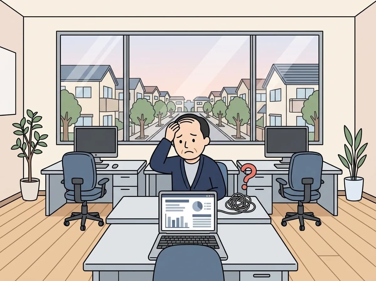 一人だけノートPCに向かい他の空席のデスクを気にして寂しげな表情をしている人物のイラスト