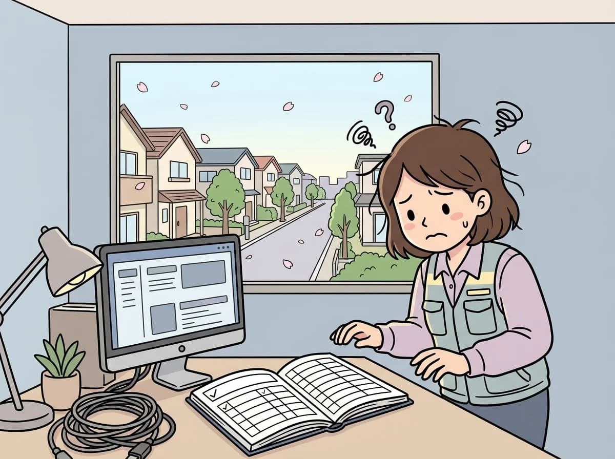 チェックのない空白のルールブックを前に不安げな表情で躊躇している人物のイラスト