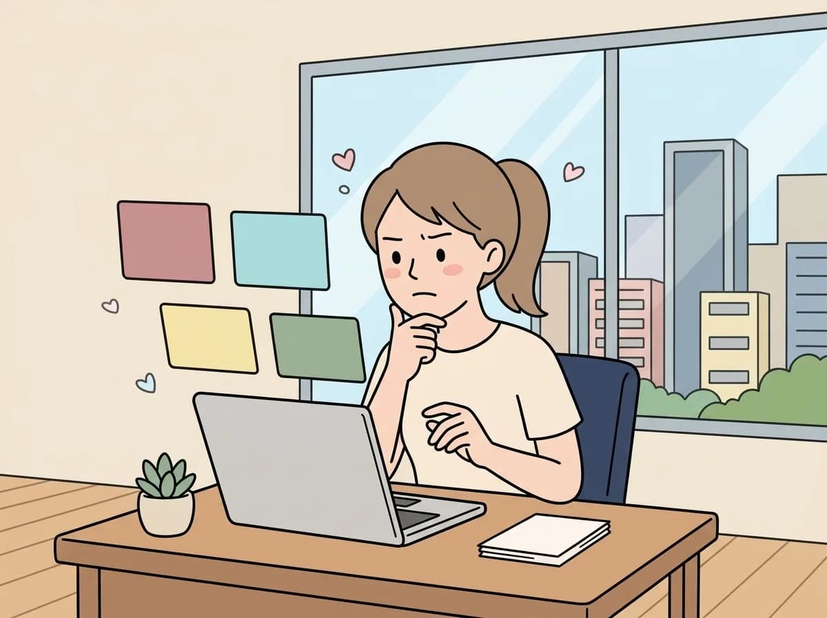 ノートパソコンの前で、いくつもの選択肢を見比べて迷っている人物のイラスト