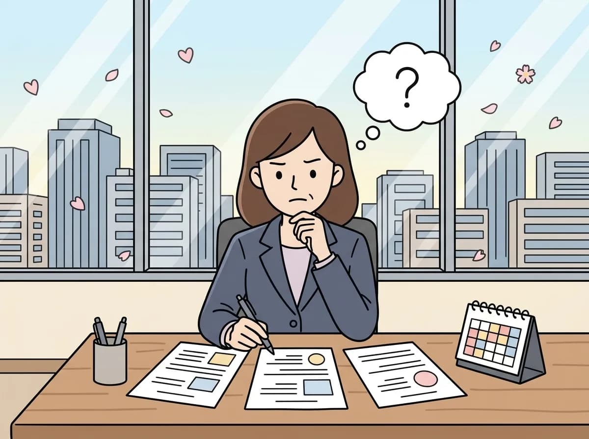 机に並べた複数の提案書を見比べ、ペンを持ったまま悩んでいる人物のイラスト