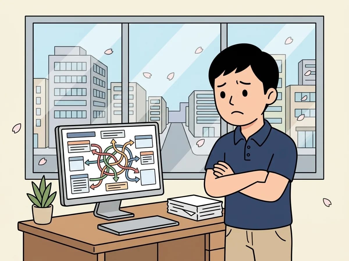 モニターの複雑なフロー図と机の表計算シートを前に、これ以上は広げられないと考え込んでいる様子のイラスト