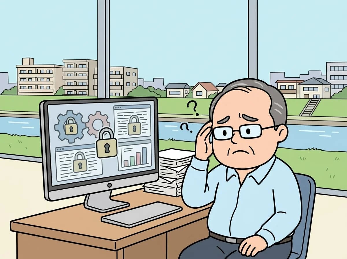 細かい設定項目にたどり着けない歯車アイコンとロックされた画面を前に困った表情でこめかみを押さえている人物のイラスト
