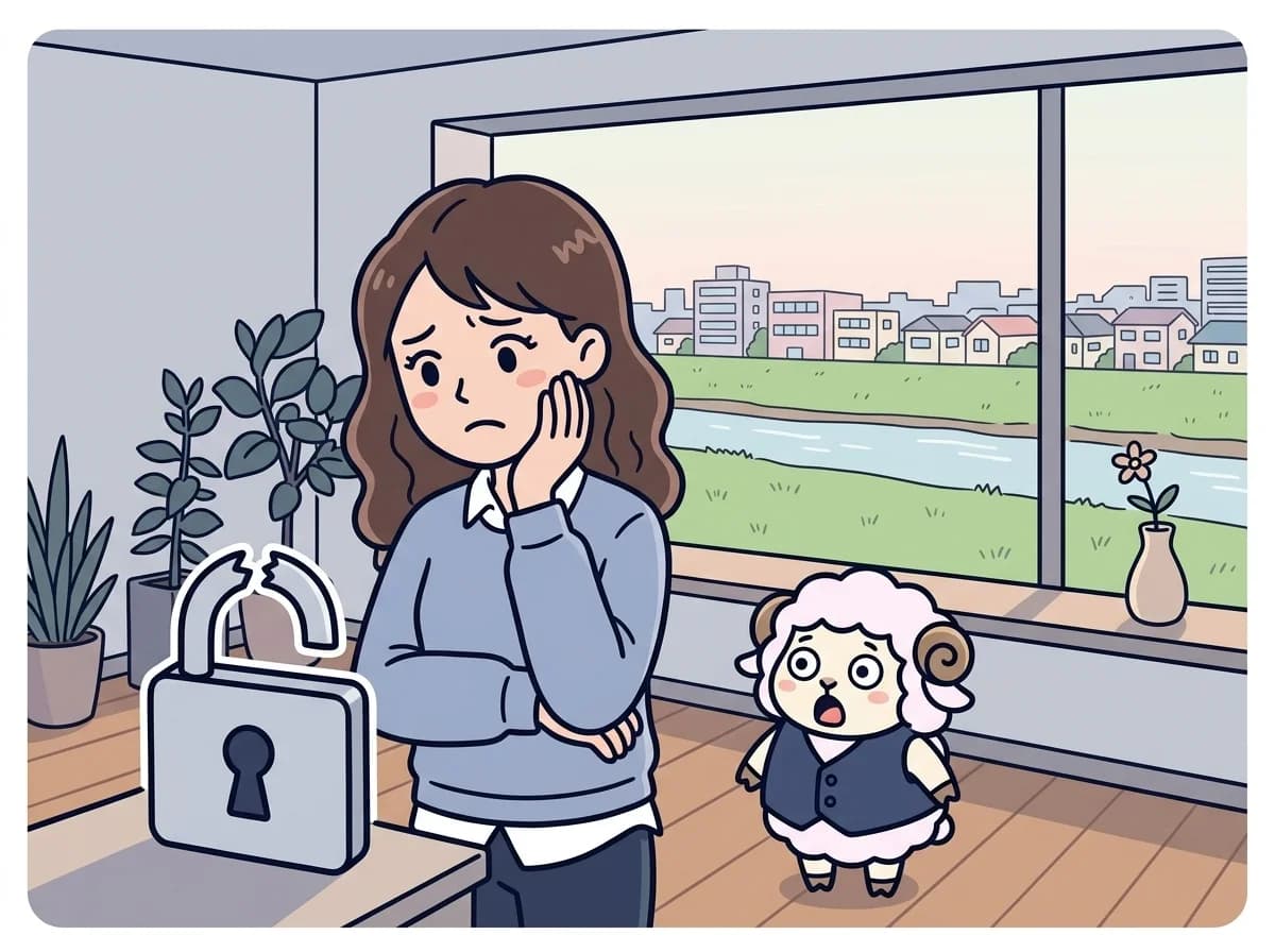 鍵の壊れた錠前のアイコンを前に困惑した表情で首をかしげている人物のイラスト