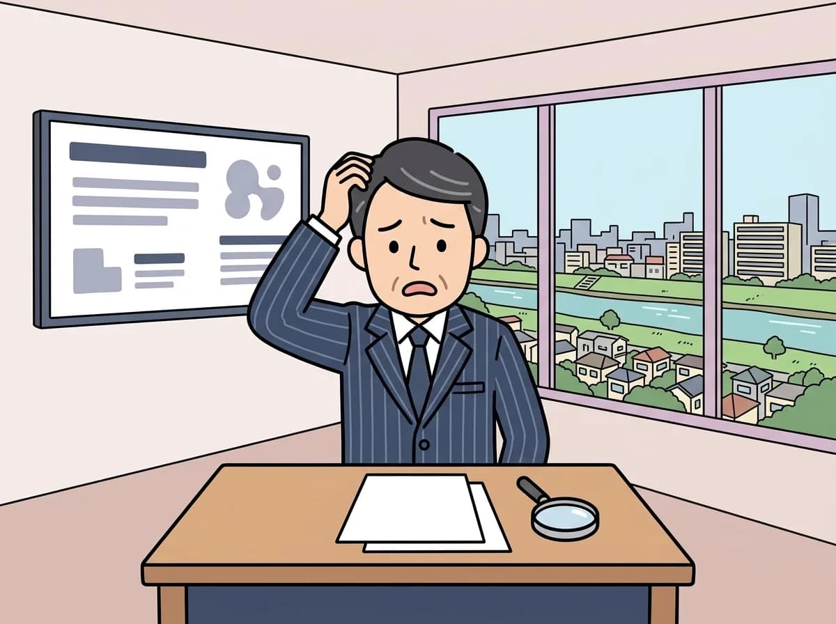空白の記録用紙と虫眼鏡のアイコンを前に困った表情で頭をかいている人物のイラスト