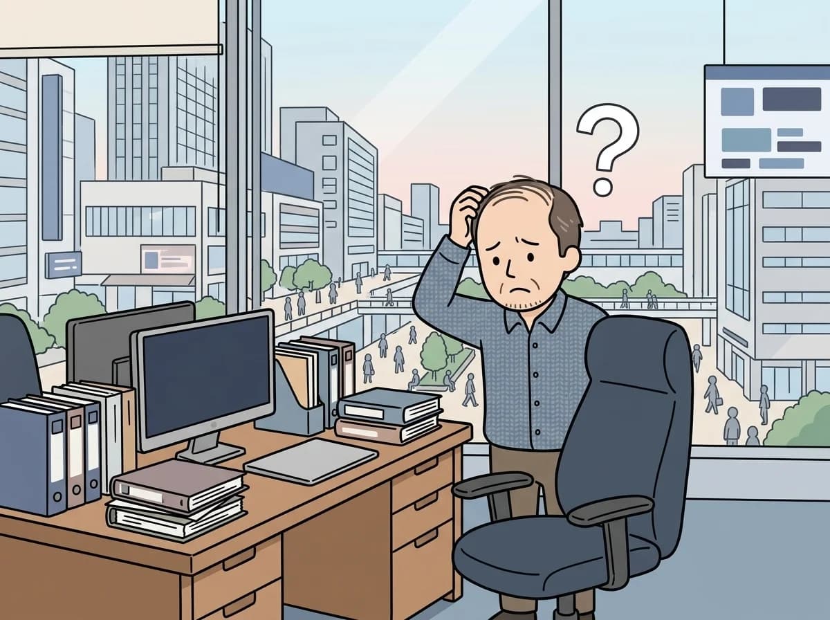 誰も座っていない空の椅子とデスクを前に困った表情をしている人物のイラスト