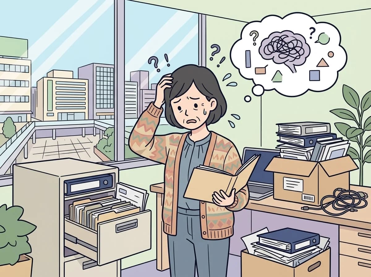 散らかったキャビネットや箱を必死に探し回り困惑した表情をしている人物のイラスト