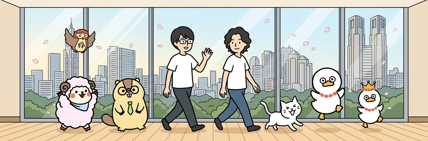 ゼットリンカーのメンバー2名とマスコットキャラクター(フクロウ・ひつじ・たぬき・ねこ・あひる)が、桜の舞う都市のオフィスを一緒に歩いている様子のイラスト