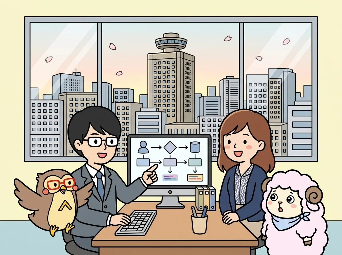 ロボットのアイコンと業務フローの矢印を見せている様子を表すイラスト