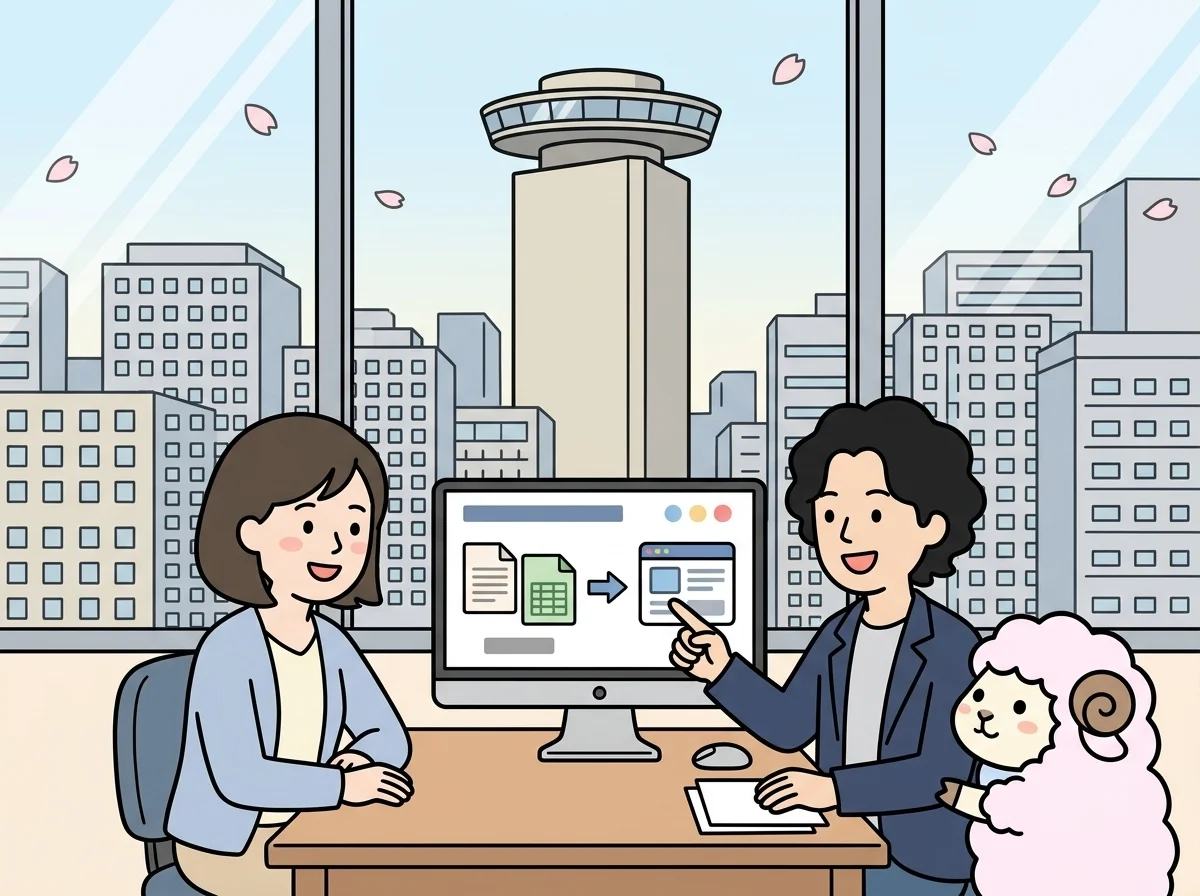 紙とExcelのアイコンからWebアプリのアイコンへ変わる画面を見せている様子を表すイラスト