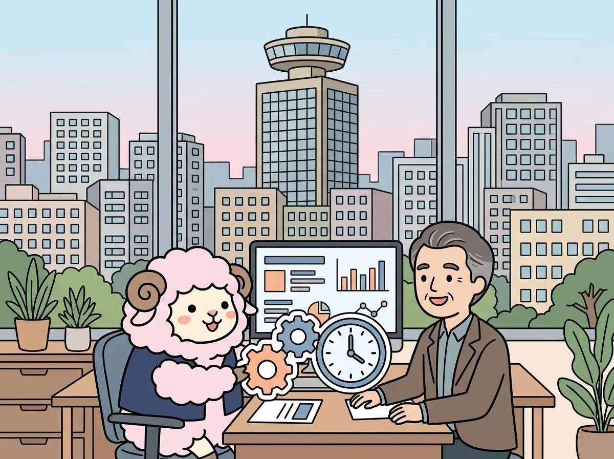 歯車と時計のアイコンを見せている様子を表すイラスト