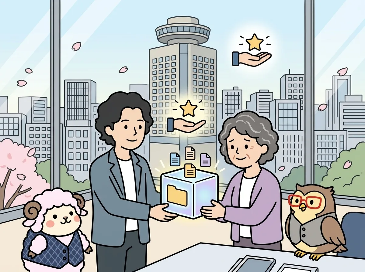 ソースコードの入った箱をお客様に手渡し、お客様がほっとした表情で受け取っている様子を表すイラスト