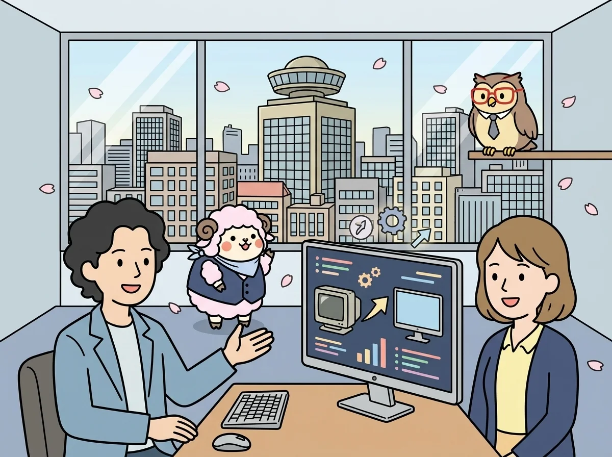 古いモニターから新しいモニターへ矢印で変わる画面を見せている様子を表すイラスト