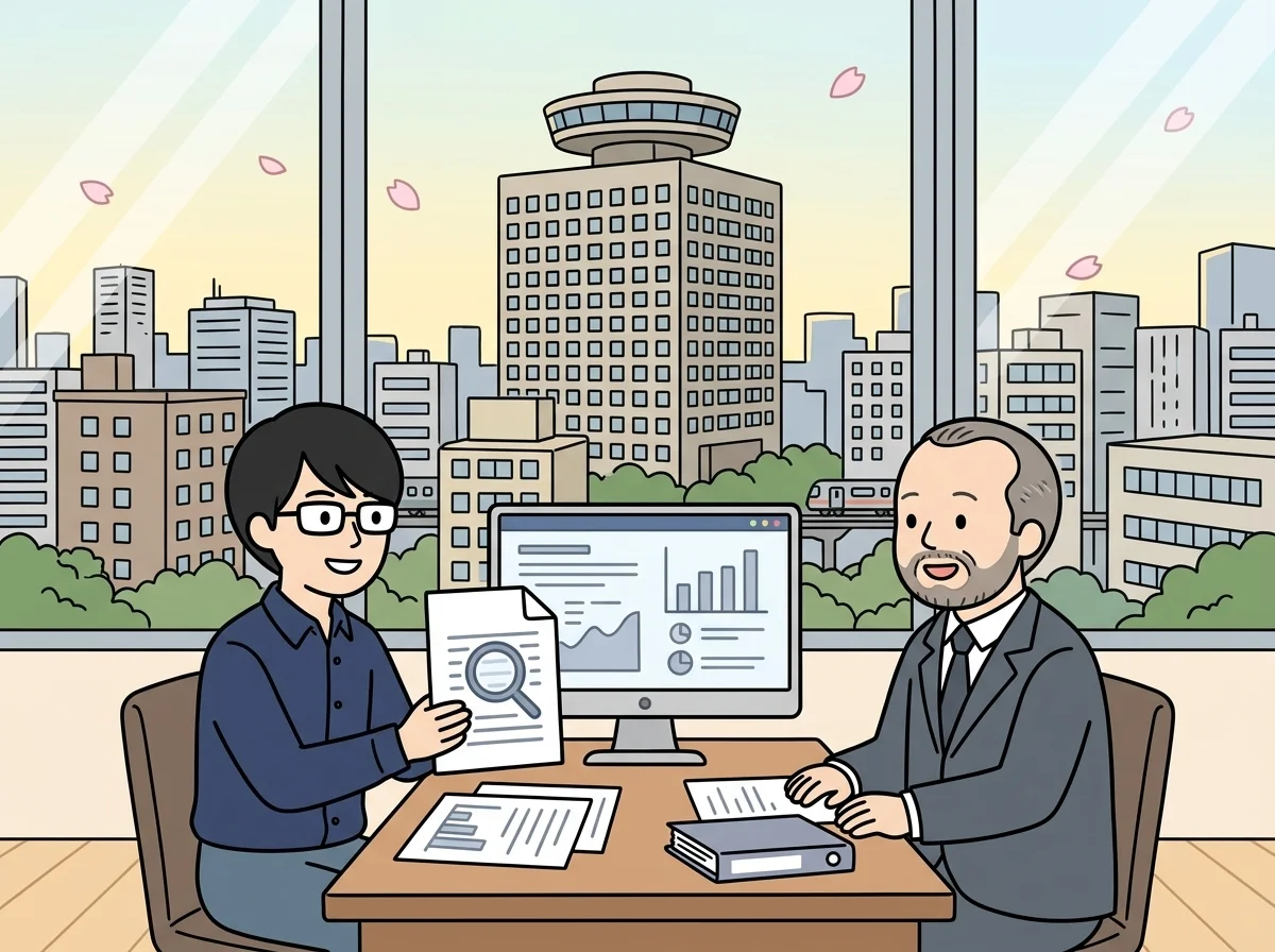 書類の山から情報を検索するようなアイコンを見せている様子を表すイラスト