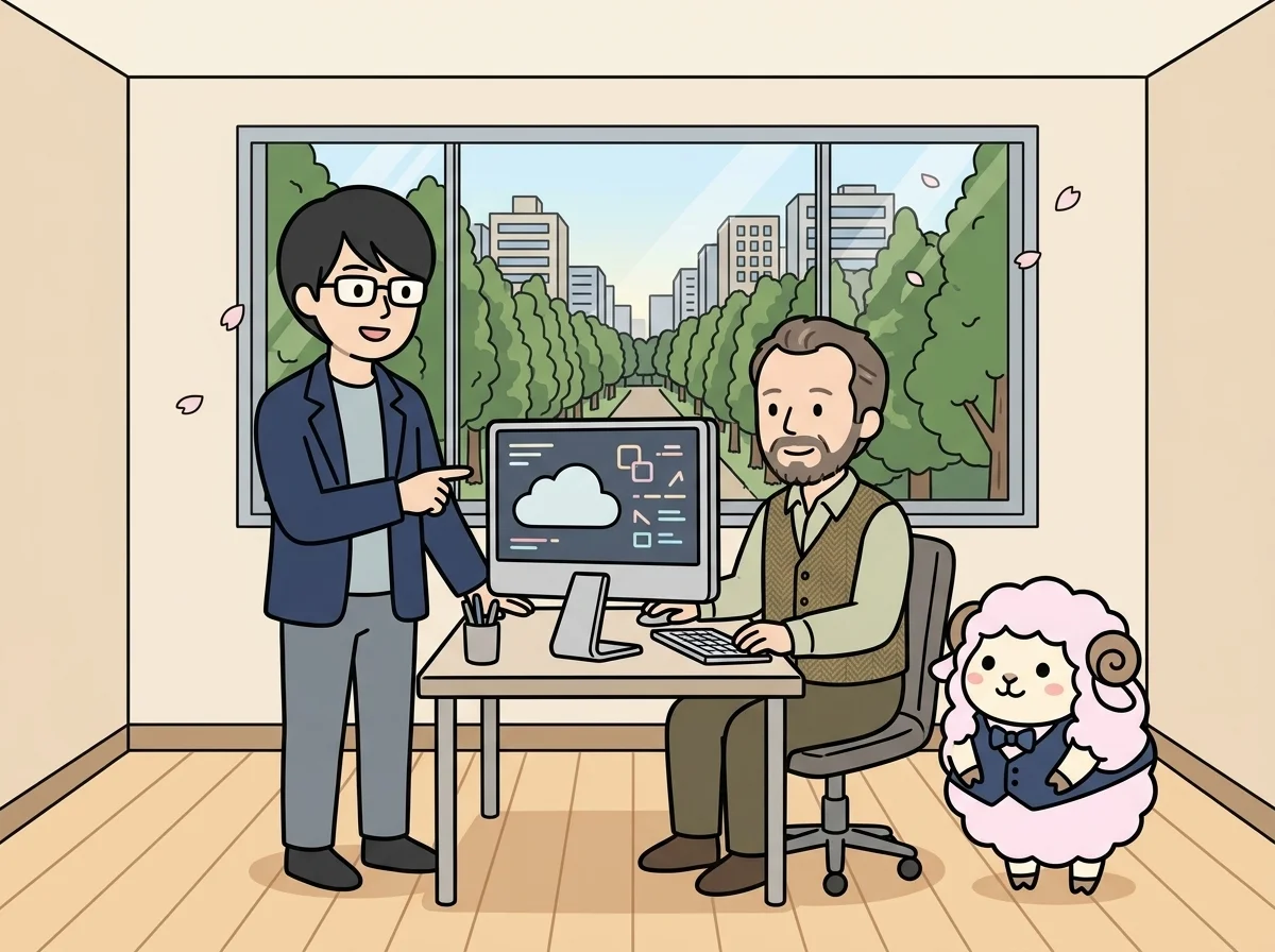 雲のアイコンが浮かぶ画面でクラウドサービス導入支援について説明している様子を表すイラスト