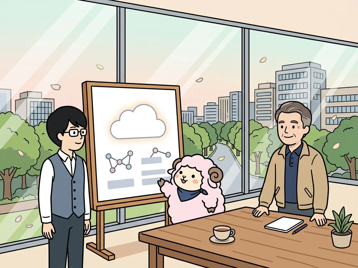 担当者とお客様が雲のアイコンが浮かぶボードを囲みながら穏やかに話している様子を表すイラスト