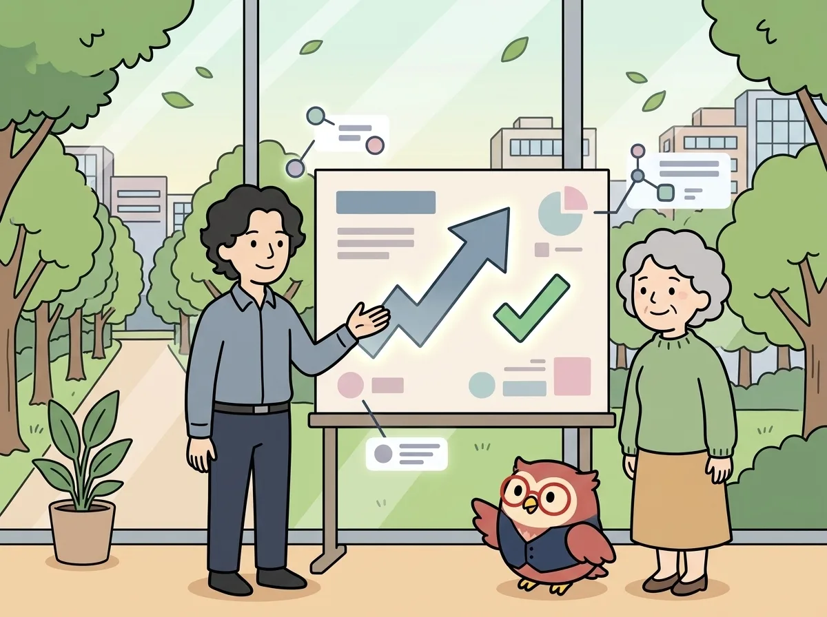 上向き矢印とチェックマークのアイコンが浮かぶボードを指し示し、お客様が満足げに笑っている様子を表すイラスト