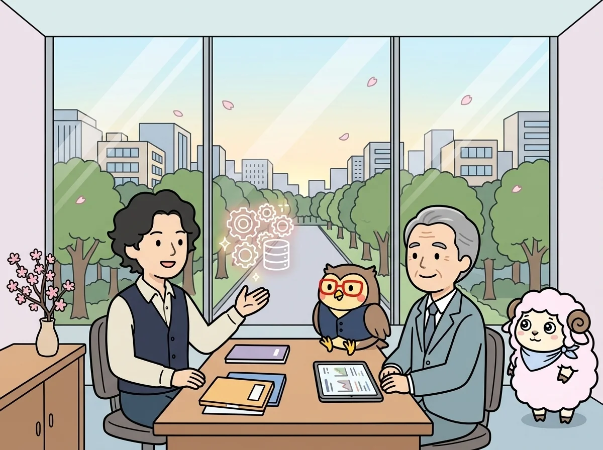 歯車とブロックが組み上がっていくアイコンでDXツール開発について説明している様子を表すイラスト
