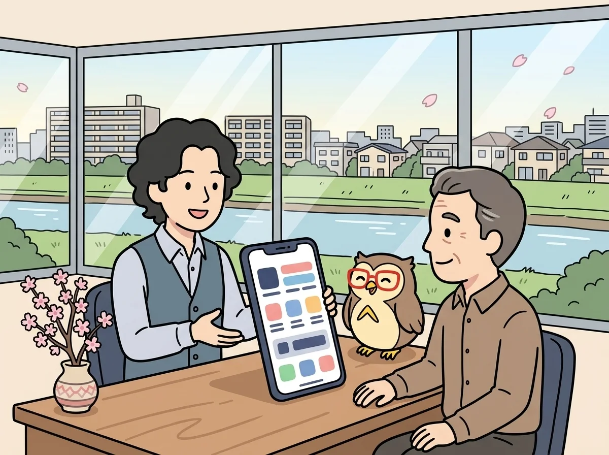 大きなスマートフォンのイラストでAndroidアプリ開発について説明している様子を表すイラスト