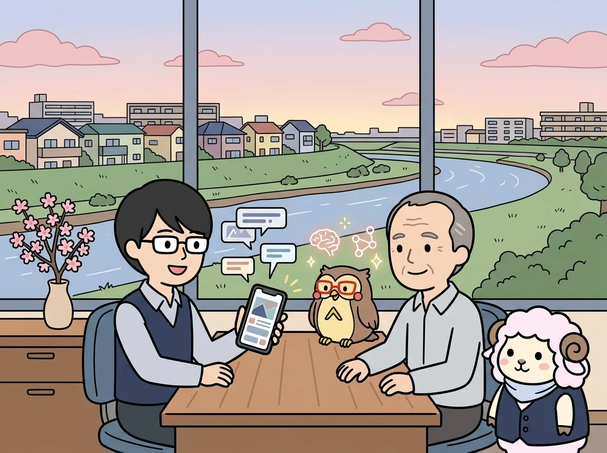吹き出しアイコンが浮かぶスマートフォン画面を見せている様子を表すイラスト