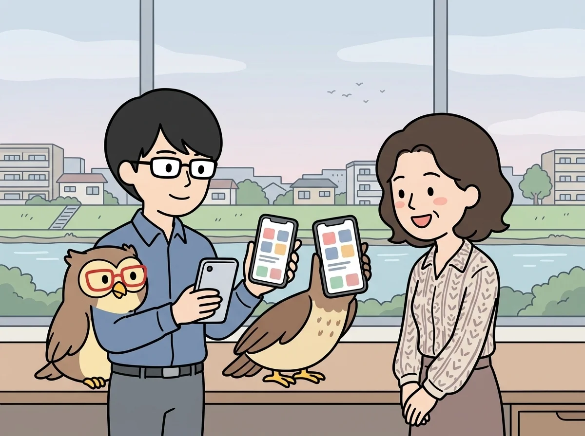 同じデザインの2つのスマートフォンを見せながらクロスプラットフォーム開発について説明している様子を表すイラスト