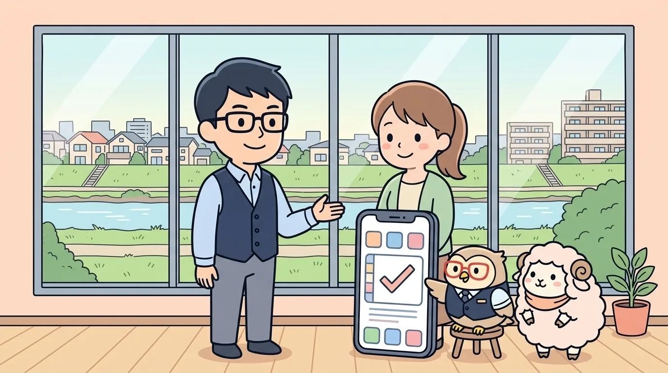 大きなスマートフォンのイラストの前で担当者がお客様に説明し、お客様も安心した表情でスマートフォンを見ている様子を表すイラスト