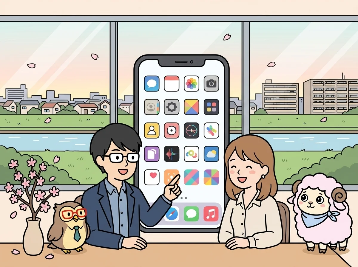 大きなスマートフォンのイラストでiOSアプリ開発について説明している様子を表すイラスト