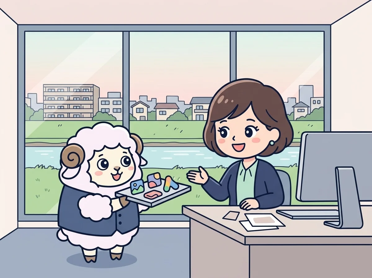 カラフルなデザインパーツのアイコンを見せている様子を表すイラスト