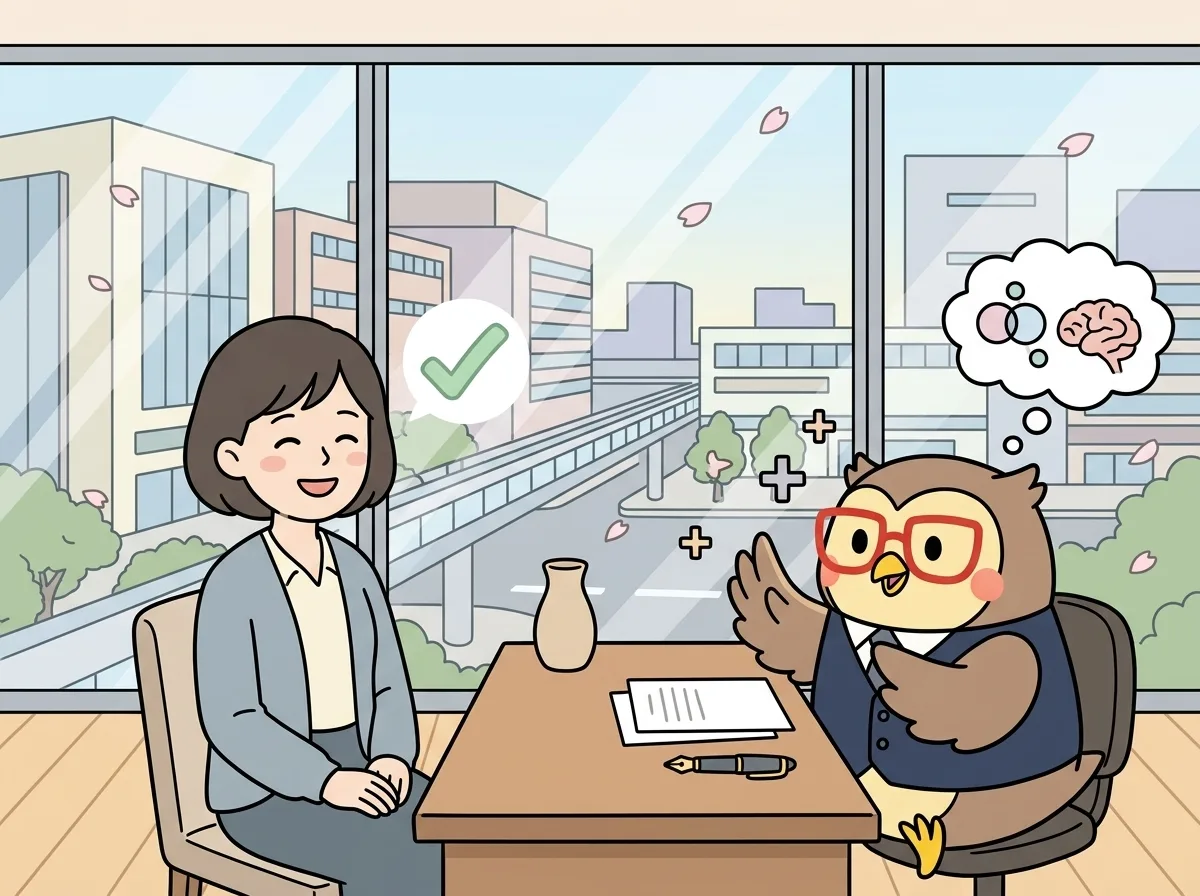 無理な提案を避けるジェスチャーをする担当者と、ほっとした表情を見せるお客様の様子を表すイラスト