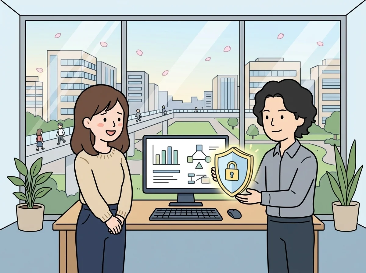 盾のアイコンを見せながらシステム保守について説明している様子を表すイラスト