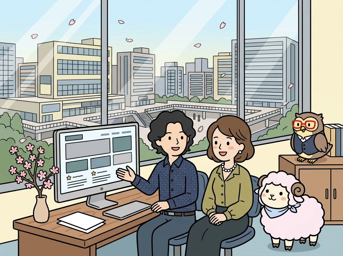 シンプルな四角いブロックレイアウトの画面を見せている様子を表すイラスト