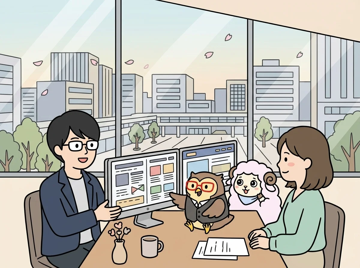 Before/Afterの2つの画面を並べてサイト改修について説明している様子を表すイラスト