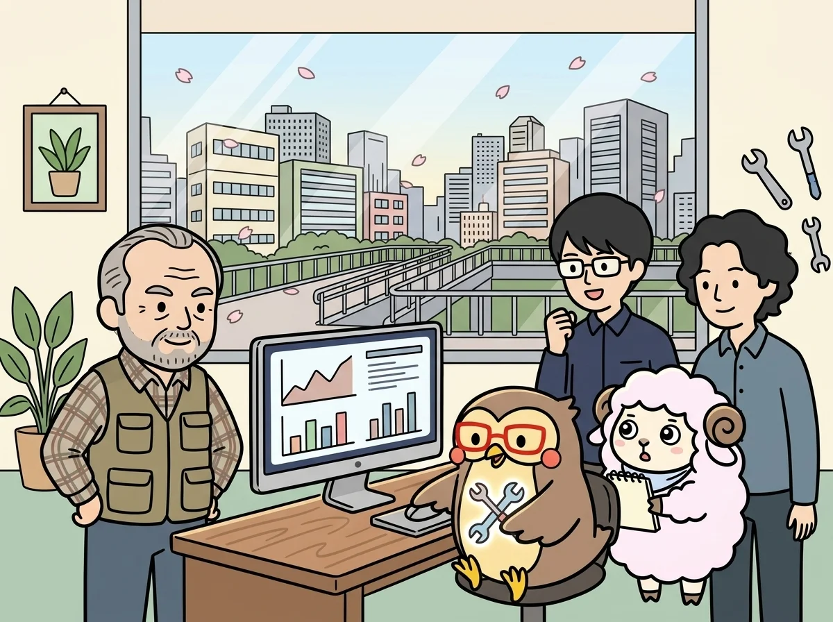 工具のアイコンを持ちながら既存システム改修について説明している様子を表すイラスト