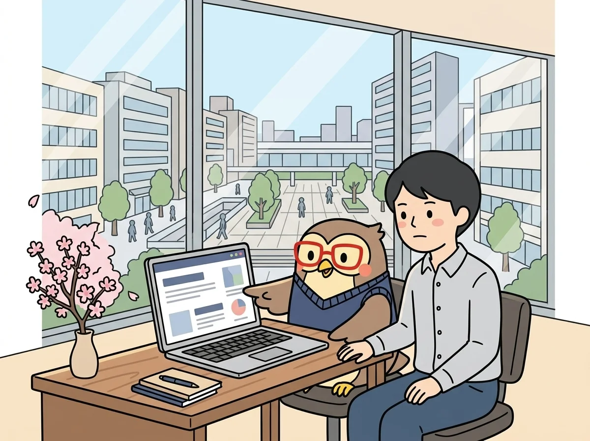 ノートPCの画面を指しながらIT研修を行っている様子を表すイラスト
