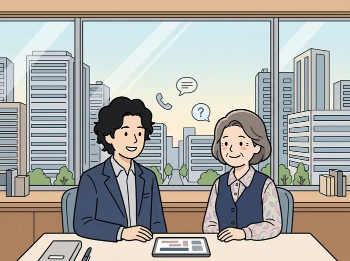 電話と吹き出しのアイコンのそばで、担当者がお客様の小さな疑問に耳を傾けている様子を表すイラスト