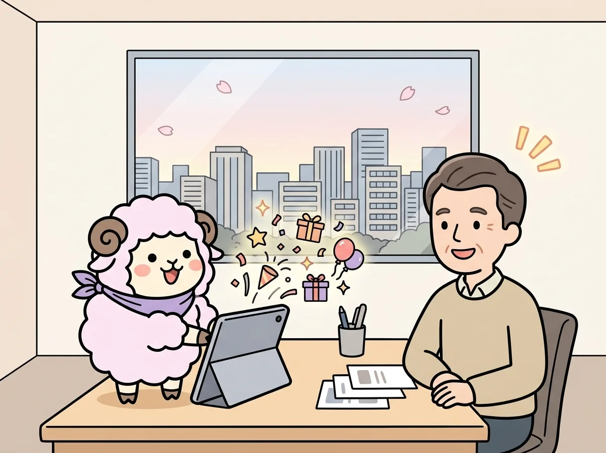華やかな飾りつけのようなアイコンが浮かぶ画面を見せている様子を表すイラスト