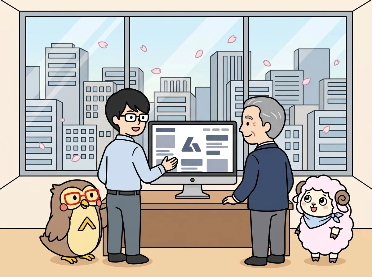 企業ロゴ風のブロックが配置されたトップページ画面を見せている様子を表すイラスト