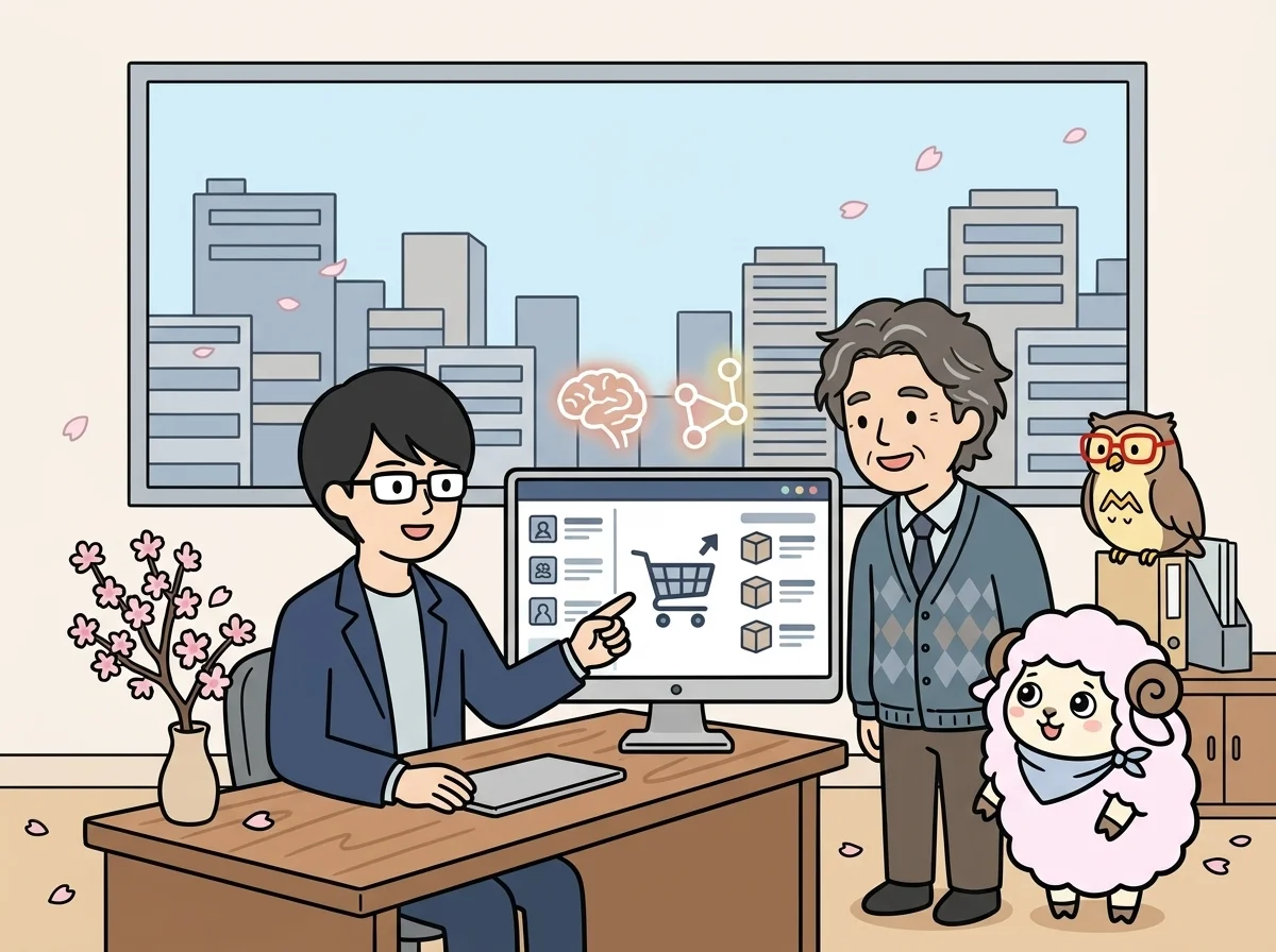 ショッピングカートのアイコンと商品一覧風の画面を見せている様子を表すイラスト