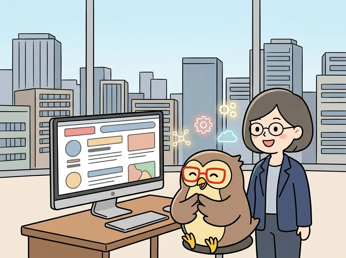 記事一覧風のレイアウト画面を見せている様子を表すイラスト