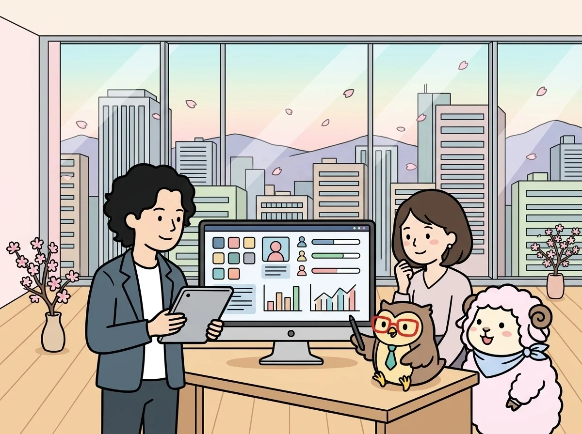 複数のコンテンツブロックが並ぶ画面を見せている様子を表すイラスト