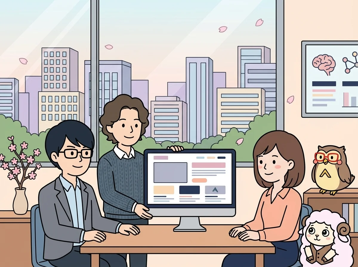商品紹介風のレイアウト画面を見せている様子を表すイラスト