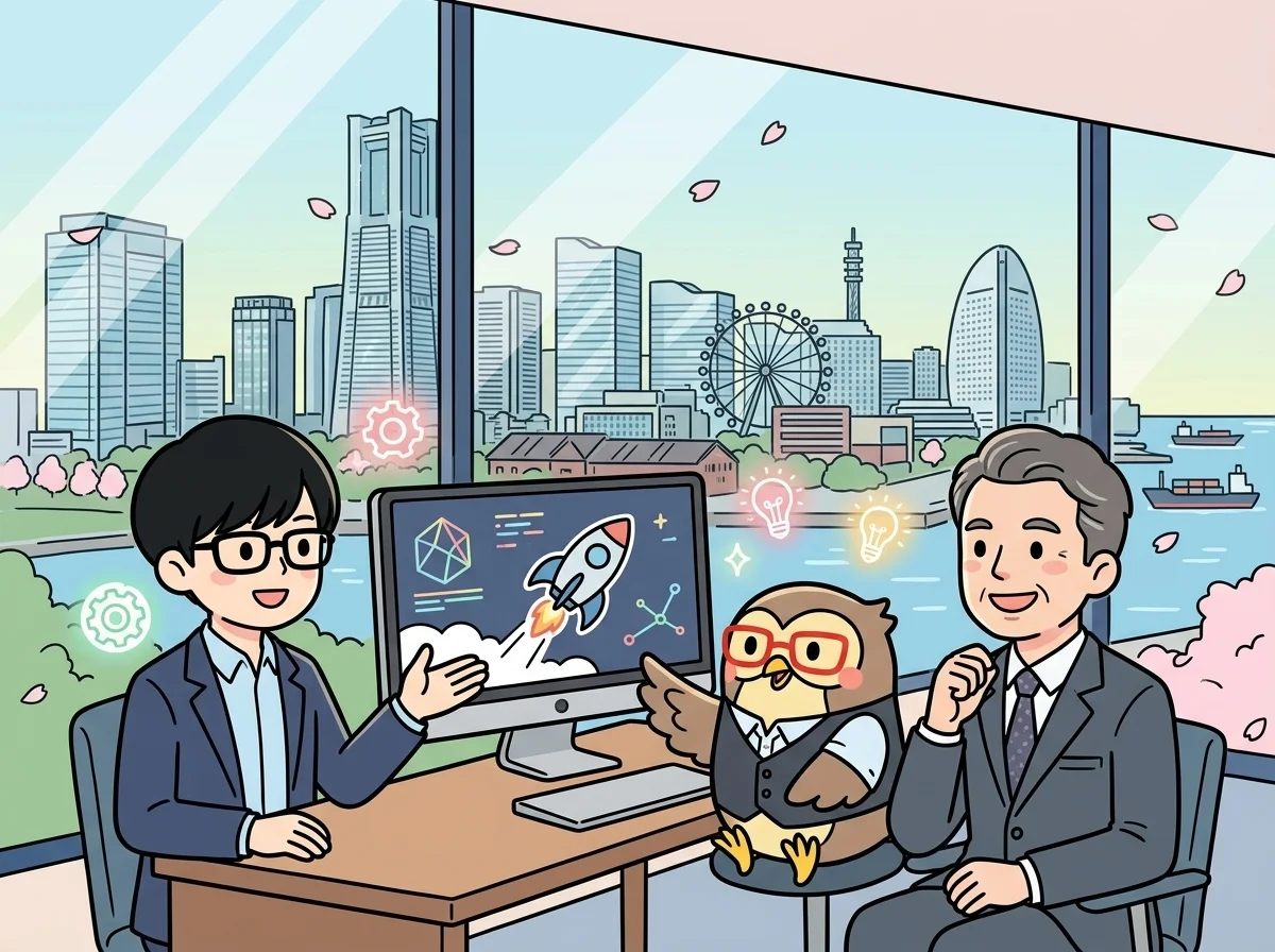 ロケットのアイコンが浮かぶモニターの前でお客様が期待に満ちた明るい表情を見せている様子を表すイラスト